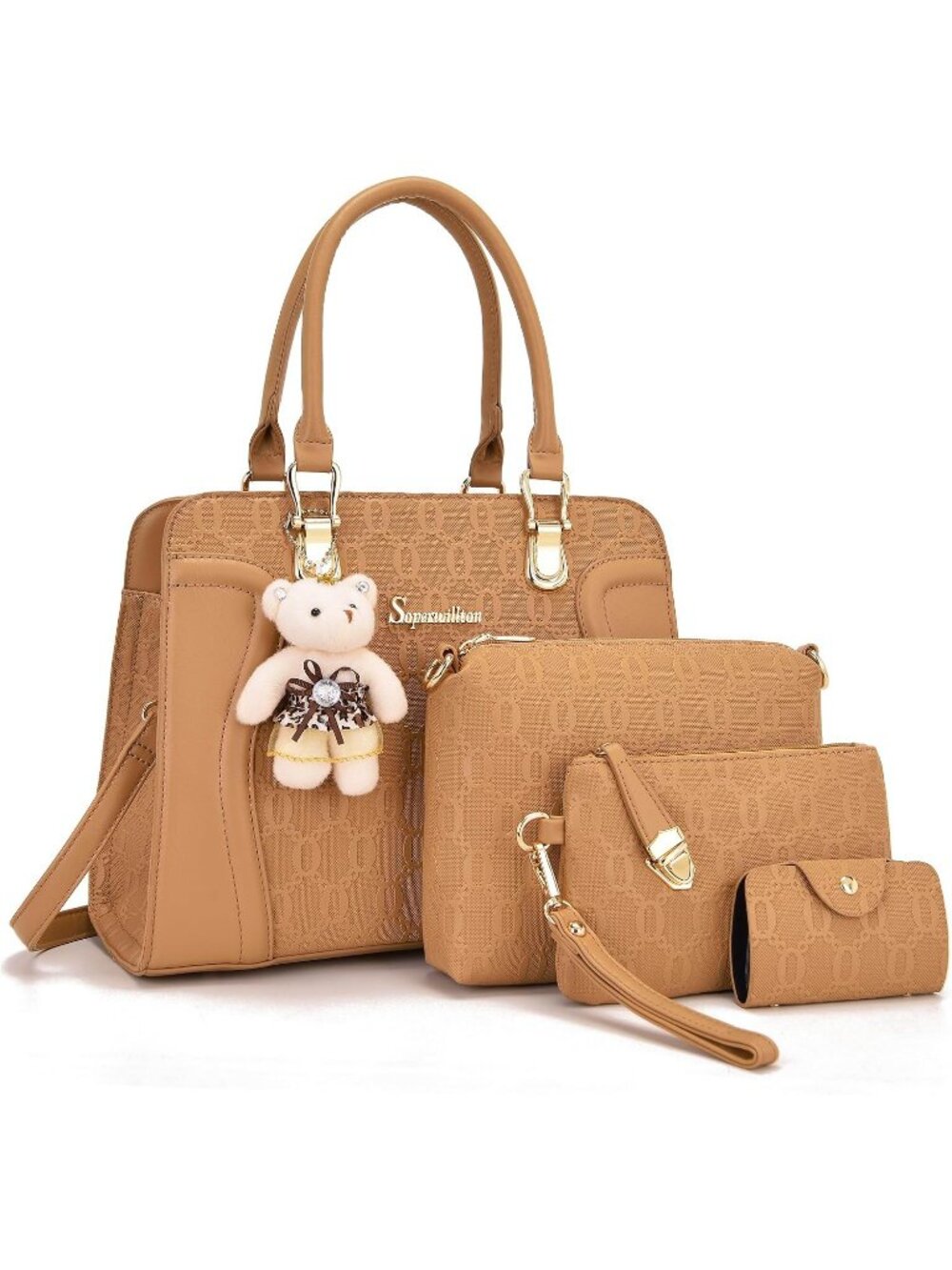 Women's Alpaca 4Pc Handbag Set Tote Shoulder Satchel Purse with Bear Charm